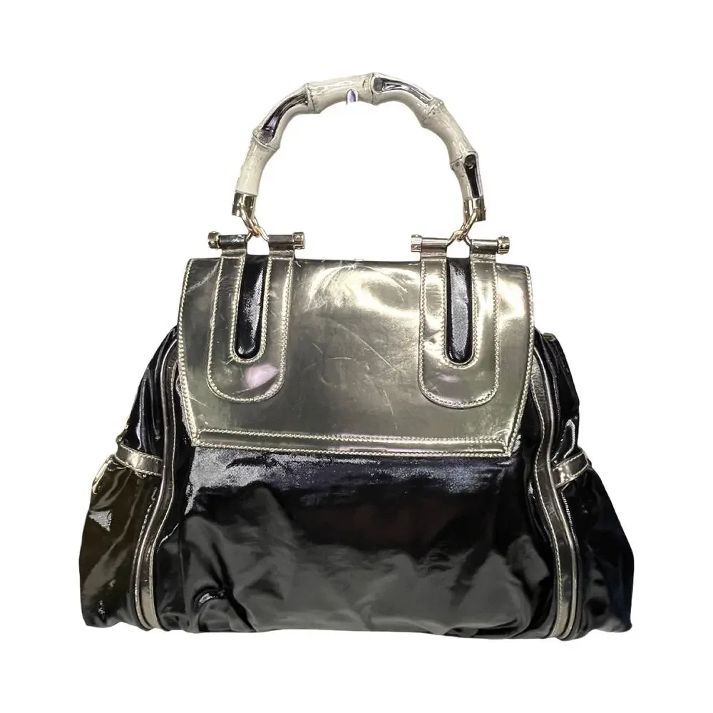 Gucci Dialux Pop Bamboo Top Handle Two Way Satchel Bag Black Silver Large